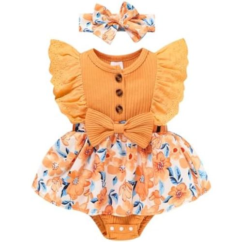 Sinhoon Baby Girl Clothes Newborn Ruffled Sleeveless Romper Floral Dreesy Bodysuit Heaedband 3pcs Baby Girl Summer Clothes