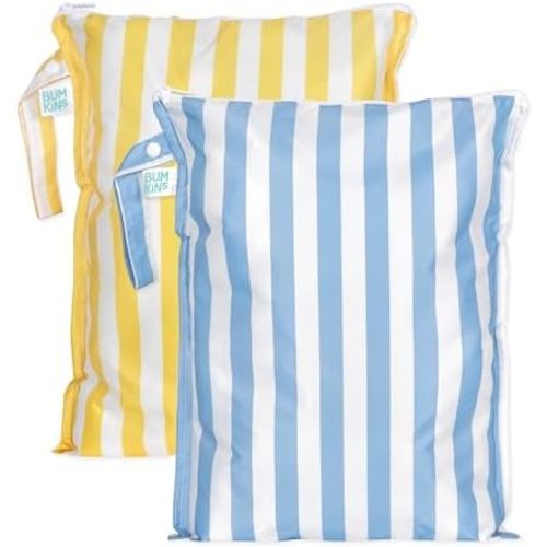 Bumkins - Waterproof Wet Bag - For Baby, Travel, Swim Suit, Cloth Diapers, Pump Parts, Pool, Gym, Toiletry, Strap to Stroller - Reusable & Easy to Clean - 2pk - Yellow & Blue Stripe