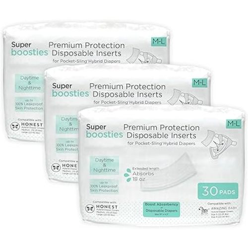 Overnight Diaper Leak Stopper, Super Boosties Disposable Inserts, Use with Pampers Sizes 4-6, Honest Hybrid Diaper Cover Sz Med/Large, Amazing Baby Cover Sz 3/4, 4.3x13 in, 90 Count