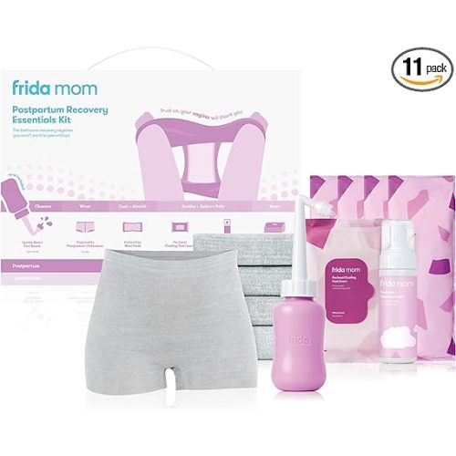 Frida Mom Postpartum Recovery Essentials Kit, Includes Disposable Underwear, Instant Ice Maxi Pads, Perineal Healing Foam, Perineal Healing Pad Liners and Upside Down Peri Bottle (11pc Gift Set) - with Peri Bottle
