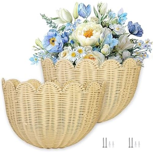2 PCS Wave Wall Basket,15.7x10x8 in.Hand-woven by of intangible cultural Rattan Hanging Basket Woven Wicker Wall Mounted vine scallop wall basket Environmentally friendly (2)