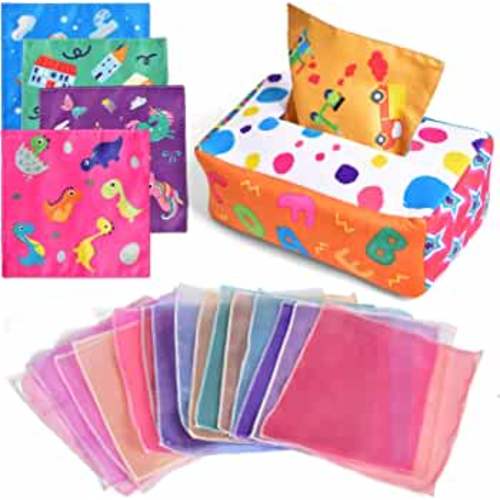 FUN LITTLE TOYS Baby Tissue Box Toy, Infant Sensory Magic Tissue Box with 15 Scarves and 4 Crinkle Tissue, Montessori Toys for Baby Pull Toys Play Tissue Box Toddler Early Learning Toys