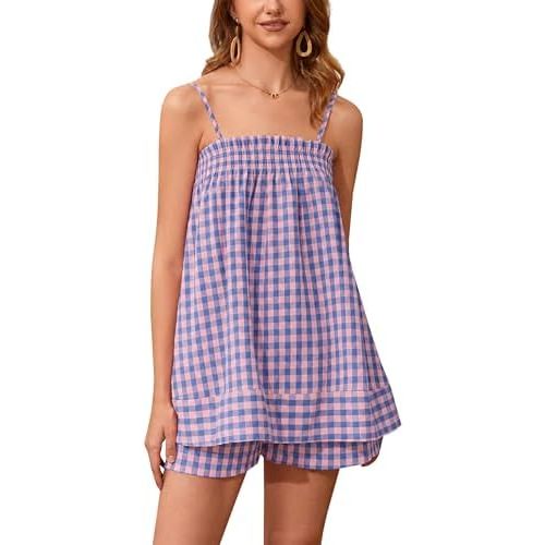 calbatic Women 2 Piece Lounge Set Striped Summer Pajama Set Sleeveless Peplum Cami Top and Wide Leg Shorts Set Beachwear