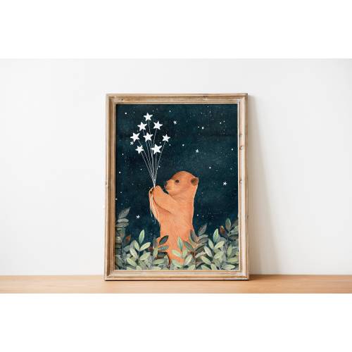 Night bear art print, Forest animal wall art, Woodland animals, Starry sky painting, Stars artwork, Nursery prints, Baby decor, Bears poster