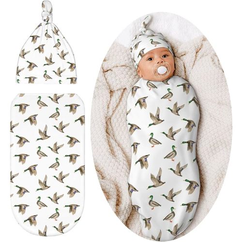 Mallard Duck Baby Stuff Newborn Baby Swaddle Blanket Wrap Blanket Soft with Beanie Hat Sets Gifts for Infant Boys Girls