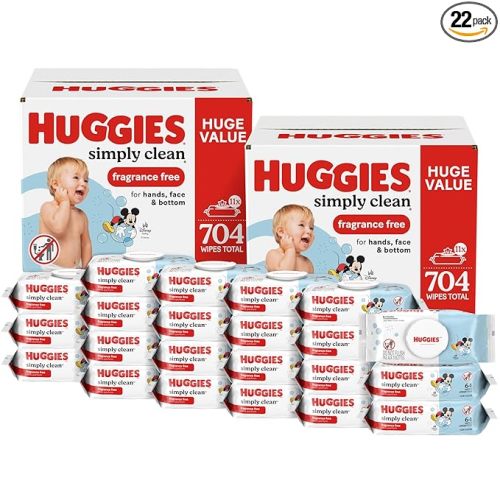 Huggies Simply Clean Unscented Baby Diaper Wipes, Flip-Top Packs (704 Wipes Total), Packaging May Vary (Pack of 22)