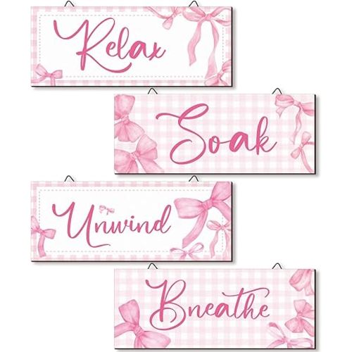 Yousoontic 4Pcs Coquette Pink Bow Wall Decor Aesthetic Pink Bow Bathroom Bedroom Wall Art Decor for Girl Gift Relax Soak Unwind Breathe Coquette Party Wooden Hanging Sign Set for Home Laundry Spa Room