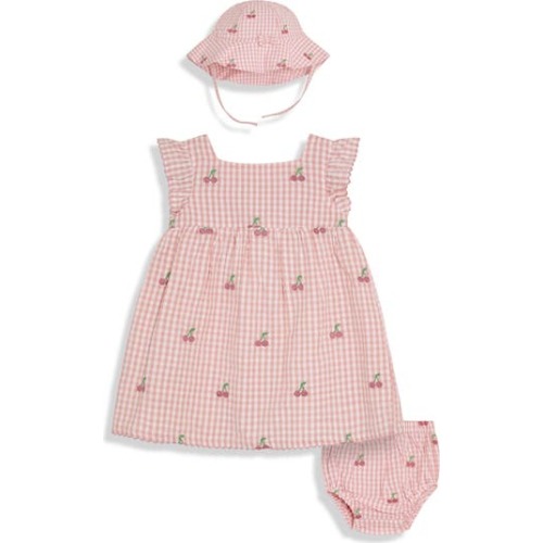 Cherry Embroidered Gingham Dress, Bloomers & Bucket Hat Set, 0-3M