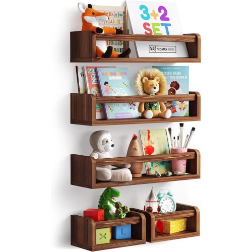 3+2 Floating Nursery Book Shelves for Wall: 3 Long & 2 Mini Shelves, Bookshelf for Kids & Baby Bookshelf, Nursery Book Shelf for Kids Rooms. Nursery Bookshelf (5-IN1 Walnut)
