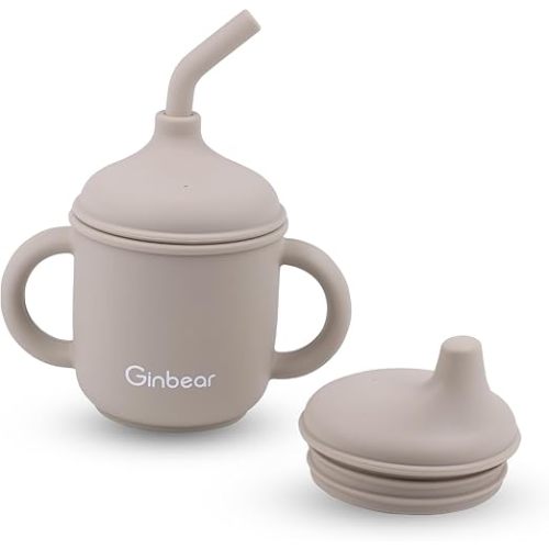 Ginbear 2-in-1 Sip-N-Straw Baby Cup, Spill Proof Non-toxic BPA Free Food Grade Silicone Training Transition Sippy Cup for Toddler 6 Months+ (Almond)