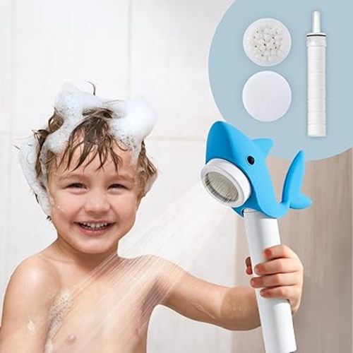 Livo Handheld Filtered Showerhead for Kids - Shark Blue | Micro Laser-Cut for Soft Water Spray, Multi-Level Filtration Removes Chlorine and Impurities for Skin and Hair