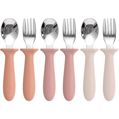 Toddler Spoons and Forks Set, 6 Pack Kids Silverware with Silicone Handle, BPA Free, 18/8 Stainless Steel Children Safe Toddler Utensils, Dishwasher Safe