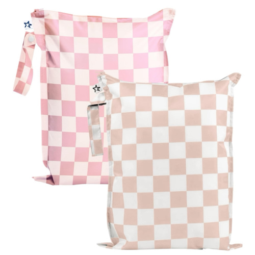 Tiny Twinkle Mess-Proof Waterproof Wet Dry Bag | 2-Pack Reusable Wet Bags for Swimsuits & Baby Clothes | Leakproof Wet Bag for Travel & Diaper Changes for Baby (Pink, Brown Checkers)