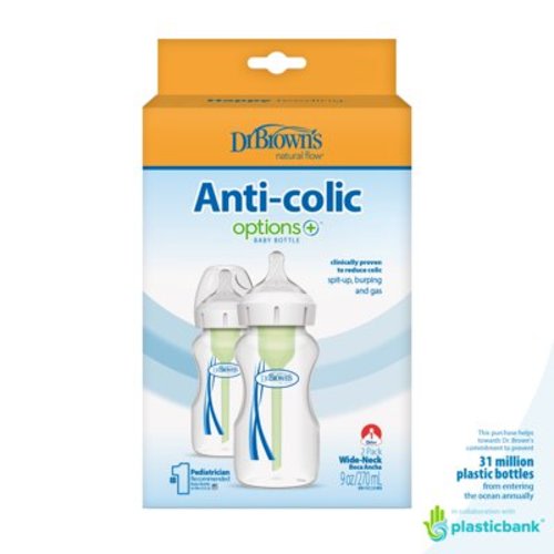 Dr. Brown's Anti-Colic Options + Wide-Neck Baby Bottle, 9 oz/270 ml, Level 1 Slow Flow, 0m +, 2-Pack