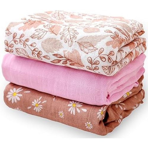 3 Set Muslin Swaddle Blankets,Essential Baby&Newborn Swaddling,Perfect for Boys&Girls,Receiving Blankets,Nursing,Stroller Cover,Large 47.2x43.3 inches Swaddle Wrap Burping Clothes. (Pink)