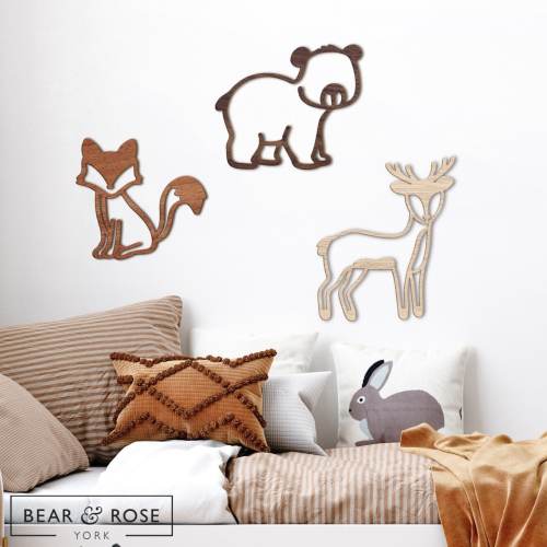 Woodland Trio - Fox, Bear, Deer | Wooden Nursery Wall Decor Set | Forest Animals | Scandi Baby Play Room