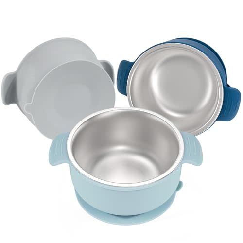 Bella's Friends Stainless Steel and Silicone Baby Bowls with Suction 3 Pack, 4.3” for Toddlers Kids Feeding, Non-Slip, Non-Toxic, Mess-Free, Dishwasher Safe, Fit High Chair Size, blue dark blue gray