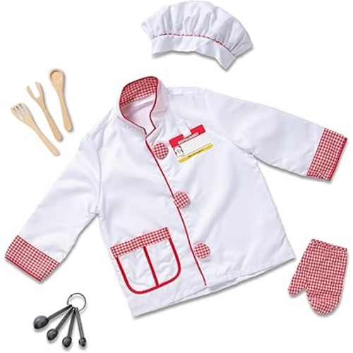 Melissa & Doug Chef Role Play Costume Dress-Up Set (8-Piece) - Chef's Jacket, Hat, Name Tag - Pretend Chef Dress up Outift with Realistic Accessories, Kids Dress Up for Toddlers & Children Ages 3+