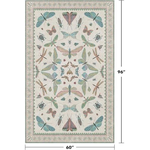 Hazo Haus Green and Blue Nursery Rug 5x8 - Washable Soft Area Rugs for Bedroom Under Bed, Living Room, Vintage Floral Butterfly Fun Indoor Floor Decor