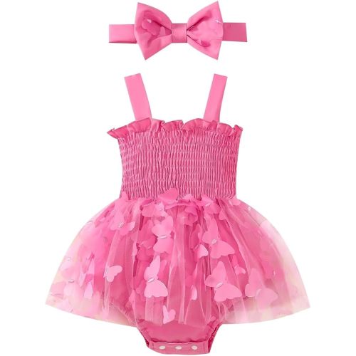 Baby Girl Summer Clothes Infant Sleeveless Halter Romper Cute Tulle Butterfly Bodysuit with Headband 0-12 Months