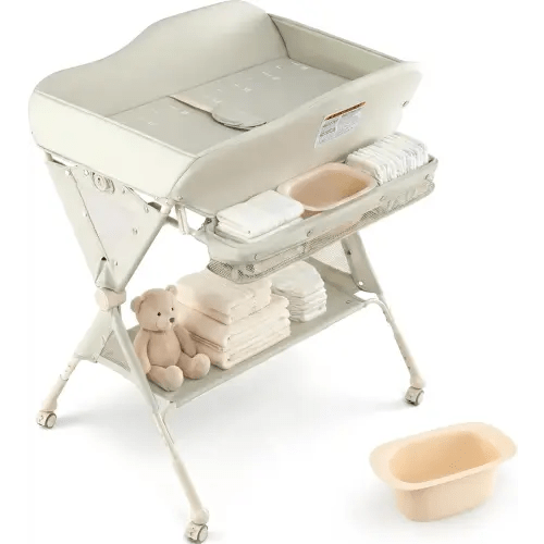 INFANS Baby Changing Table with Wheels, Portable Folding Diaper Station Nursery Organizer with Storage Basket, Hanging Rack, Adjustable Height, Safety Belt for Newborn Infant (Green)