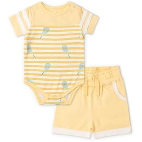 monica + andy Sporty Bodysuit + Varsity Sweatshort Set, Size 9-12 Months, Yellow Tennis Print, 100% Organic Baby Clothes for Girls & Boys, Sustainable Super Soft Cotton, Newborn Infant & Toddler Sizes