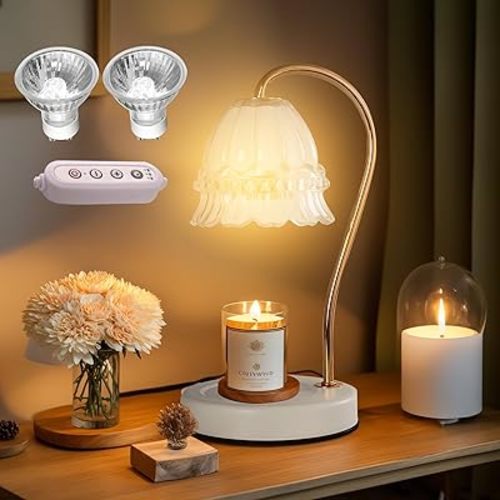 Candle Warmer Lamp with Dimmer - Electric Candle Lamp with Timer for Jar Candles Scented Candles, Plug-in Wax Warmer Lamp for Home & Office with 2 Bulb (White Peony)