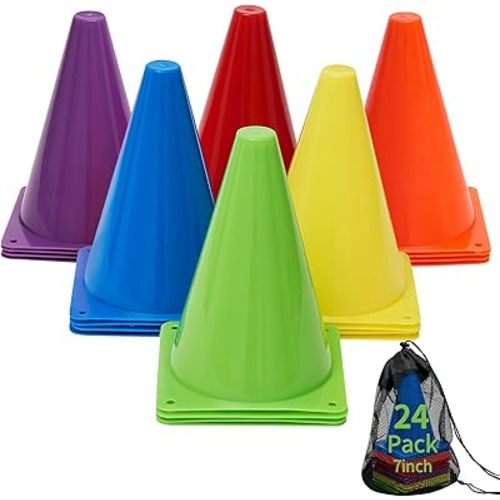 Cones Sports, Small Training Cones Set for Soccer Practice, 24 Pack 7 Inch Agility Field Cone Marker for Football Basketball Drills, Plastic Multi color Baseball Cone for Outdoor Indoor Games