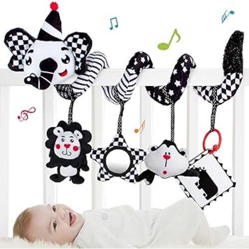 Car Seat Toys for Baby, Stroller Toy Black and White Baby Toys 0-3 Months Spiral Plush Car Seat Toy with Hanging Toys Rattle Mirror Squeaker, Car Seat Toys for Stroller Crib Bar Bassinet-Elephant