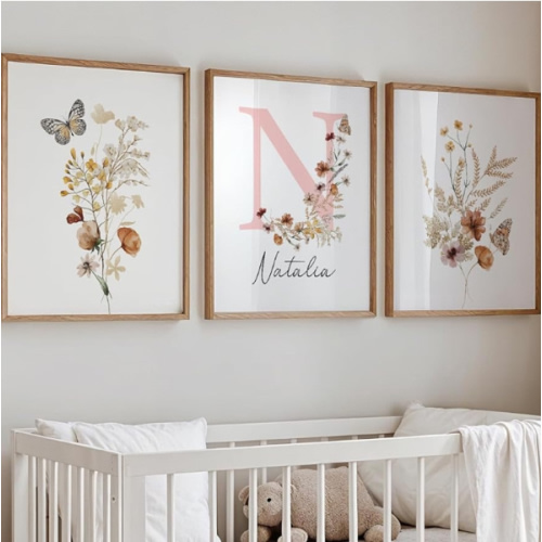 Personalized Wildflower Nursery Prints, Custom Floral Name Wall Art, Baby Girl Initial Monogram Posters, Boho Watercolor Wild Flower Artwork - Unframed (Autumn Meadow, 8x10)