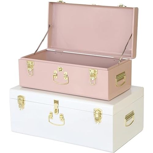 Vixdonos Metal Trunk Decorative Storage Box Set of 2 College Dorm Chest with Handle (Pink and White)