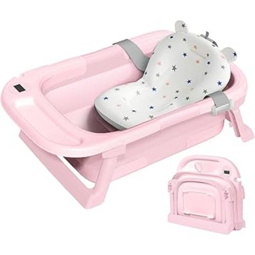 Collapsible Baby Bathtub,Baby Bath Tub with Thermometer & Soft Cushion,Baby Bathtub for Newborn to Toddler 0-36 Months,Portable Travel Baby Tub with No-Slip Feet,Baby Shower Gifts,Pure Pink