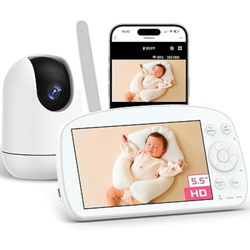 Smart WiFi Baby Monitor with Camera and Audio, 5.5” 1080P Wall-Mountable Display, 360° Pan & Tilt, HD Night Vision, Soothing Music, Multi-User Support, Two-Way Talk, Temperature & Motion Detection