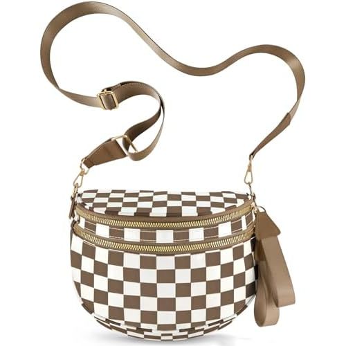 Checkered Crossbody Bags for Women, Large Nylon Bum Bags Plus Size Fanny Pack Sling Bag Belt Bag for Women Travel, Caramel Checkered
