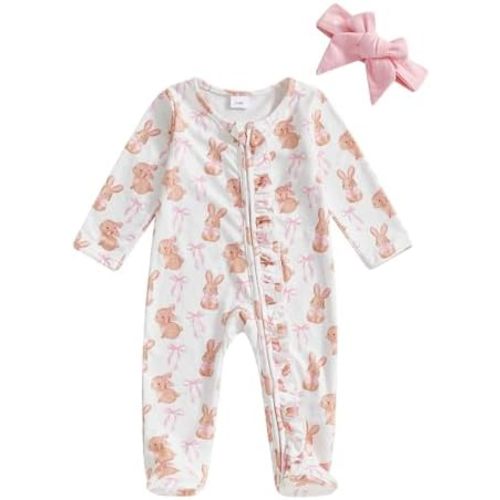 Newborn Baby Girl Easter Outfit Bunny Bow Printed Footie Romper Jumpsuit Headband 0-9M