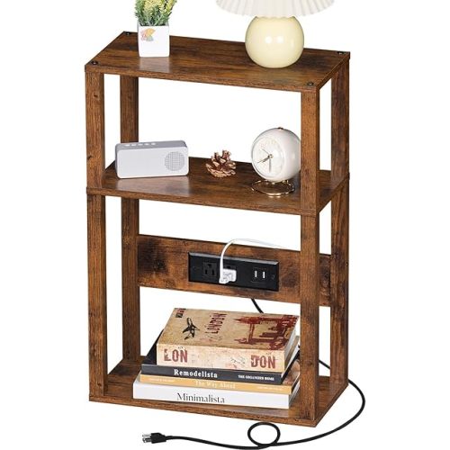 3-Tier Small Narrow Wood Side Table with Charging Station, Skinny Nightstand for Small Space, Slim Bedside Table with Storage for Couch, Thin End Table with USB Ports and Outlets, Rustic Brown