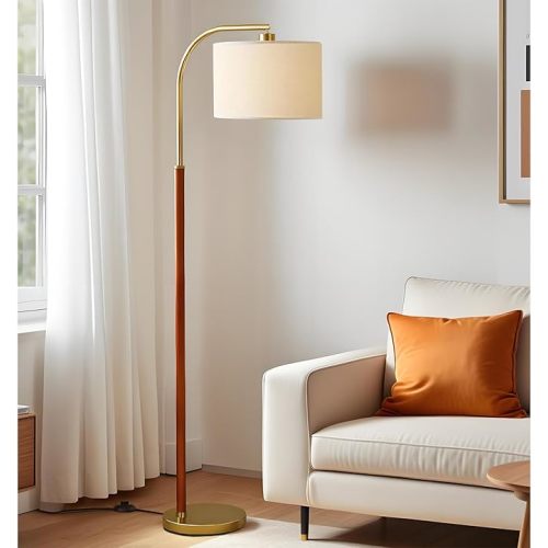 66” Walnut Gold Floor Lamp for Living Room, 1200 Lumens 3-Level Brightness Arc Floor Lamp for Bedroom, Wood Vintage Mid Century Modern Standing Lamp, Adjustable Lampshade, LED Bulb Included