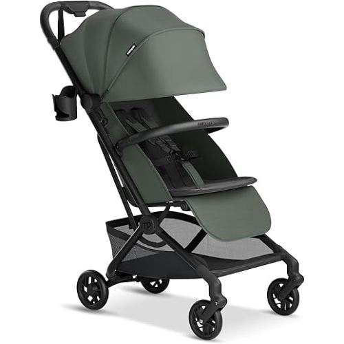 Mompush Velo Lightweight Travel Stroller, Compact & Airplane-Friendly for Baby and Toddler, Lie-Flat Seat, One-Hand Fold, with Leather Bumper Bar, Shoulder Strap, Raincover, Storage Bag & Cup Holder