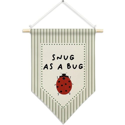 CUANFDDSF Funny Ladybug Nursery Wall Art, Kids Room Wall Decor Hanging Pennant Flag, Snug As a Bug Sage Green Striped Canvas Banner Decorations for Home Kids Room Bedroom Playroom Decor, 11x15 Inch