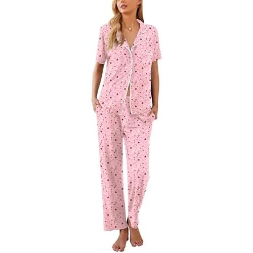 Ekouaer Women Pajamas Set Button Down Sleepwear Short Sleeve Nightwear with Long Pants Soft Pjs Set S-XXL