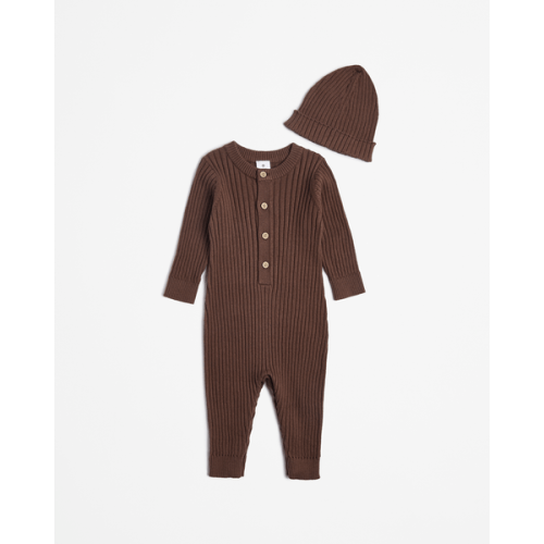 Baby Organic Cotton Ribbed Knit Romper With Beanie - Choc Brown