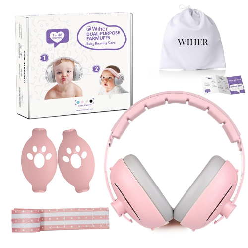 Wiher 2-in-1 Baby Ear Muffs Noise Protection, Adjustable Baby Headphones with Stretchy Band, Noise Cancelling Headphones for Baby & Toddler up to 4 Years, Baby Airplane Essentials/Outdoor Pink