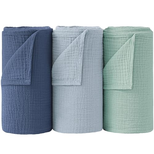Bearmoss Muslin Swaddle Blankets 100% Cotton Large Baby Swaddle Blankets 47x47in, Super Soft Breathable Receiving Blankets for Unisex Baby Boys Girls (3Pack Indigo Tree)