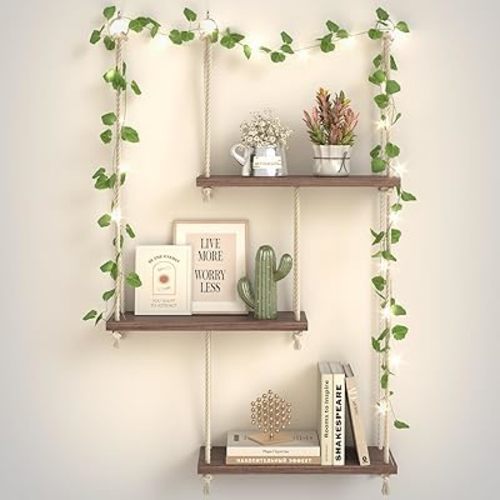 Hanging Shelves for Wall with Vine Lights, 3 Tier Rope Wall Hanging Plant Shelf, Boho Wall Decor Aesthetic for Succulents, Bedroom, Living Room, Bathroom (Rustic Brown)