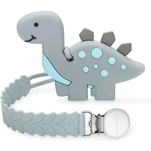 Teething Toys for Babies 0-6 6-12 Months Baby Teethers with Clip Silicone Baby Teether Toys for Boys and Girls Infant Teething Relief for Teething Dinosaur Shape, Gray