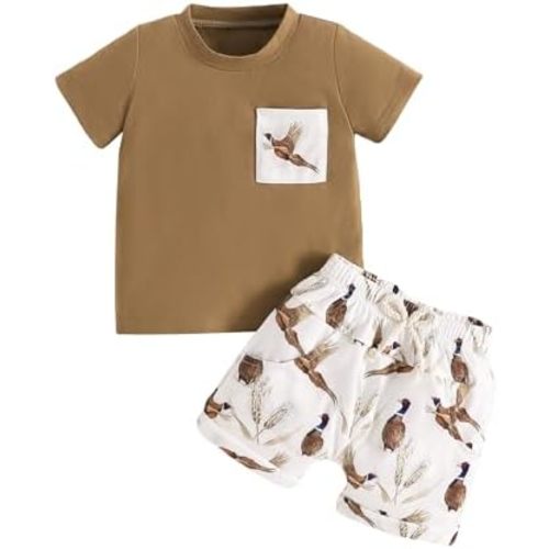 Toddler Baby Boy Hunting Clothes Mallard Duck Pocket Short Sleeve Shirt Duck Print Shorts Set 2pcs Summer Outfit