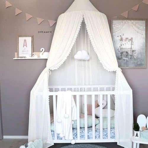 Kids Bed Canopy with Lace Sheer Chiffon Hanging Canopy Net for Baby Crib Nook Castle Game Tent Nursery Play Room Decor (White)