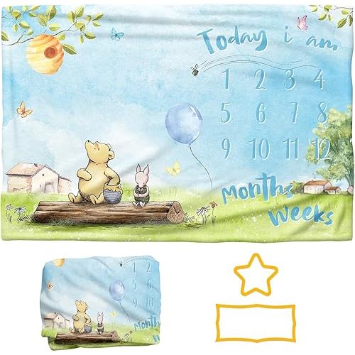 Baby Milestone Blanket - Blue Classic Winnie Monthly Milestone Blanket for Baby Boy Bear Soft Touch Photography Background Photo Backdrop for Newborn Baby Growth Chart 60" X 40"