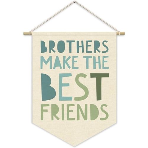 Boy Nursery Decor Canvas Banner,Brothers Make The Best Friends Bedroom Playroom Wall Art Decorations,Boho Twin Room Sign,Big Bro Lil Bro, Sage Green Blue Kids Room Wall Hanging Pennant Banner