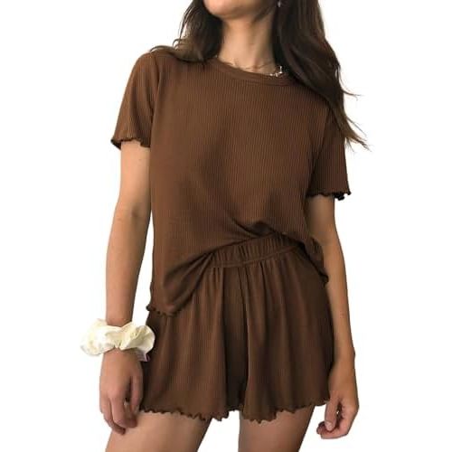 Ekouaer Womens Pajamas 2 Piece Ribbed Knit Pjs Short Sleeve Sleepwear Set Summer Soft Pajamas Set Casual Lounge Sets